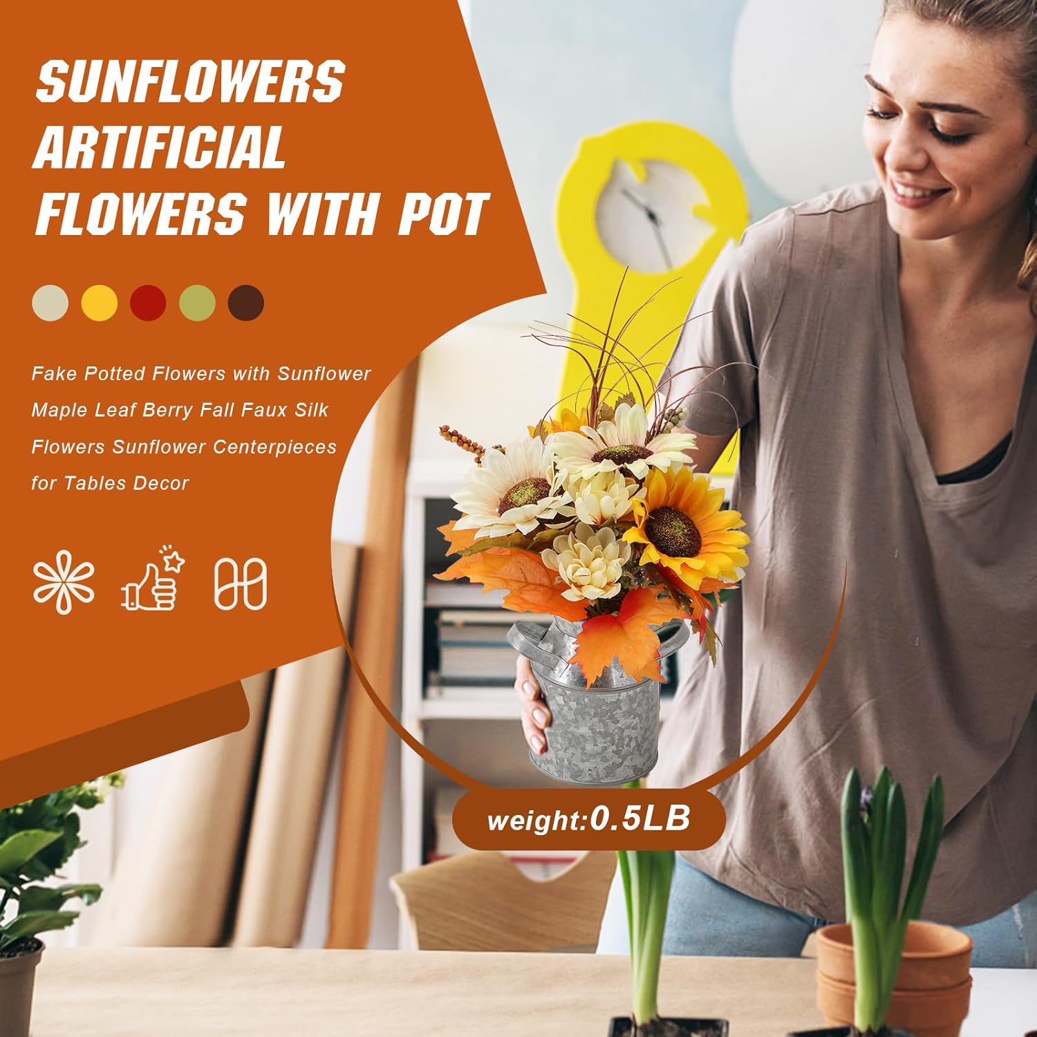 Sunflowers Artificial Flowers With Pot,Fake Potted Flowers With Sunflower Maple Leaf Berry Fall Faux Silk Flowers Sunflower Centerpieces For Tables Decor
