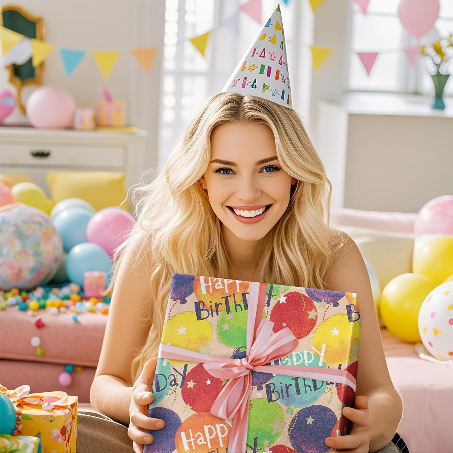 30" X 32.8' Birthday Wrapping Paper Large Kraft Paper Roll, Jumbo Roll, Colorful Balloon, Star And Happy Birthday Text Kraft Gift Wrap Perfect For Girls Kid'S Party Celebrations, 82 Sq. Ft