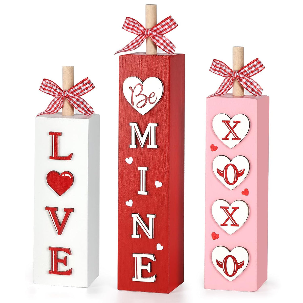 3Pcs Valentine'S Day Table Decorations For Home Indoor Wooden Valentine Table Centerpiece Block Sign Wood Love Tiered Tray Tabletop Decor For Office Desk Shelf Wedding Anniversary Party Supplies Heart