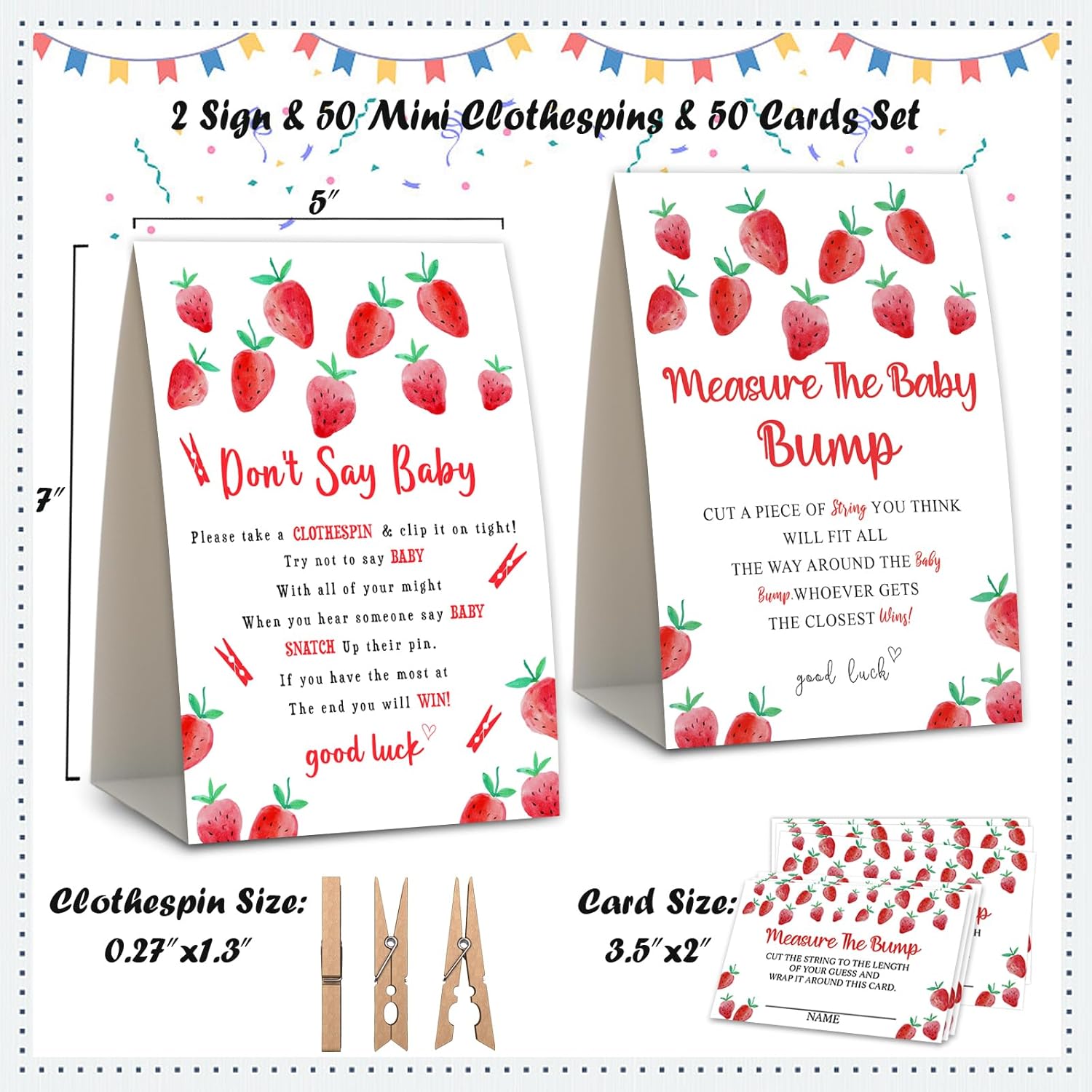 2 Strawberry Baby Shower Game,Don'T Say Baby Clothespin Games,Measure The Baby Bump,Babyshower Decorations,Baby Shower Game Gender Neutral,Baby Shower Package,Funny Baby Shower Games-4