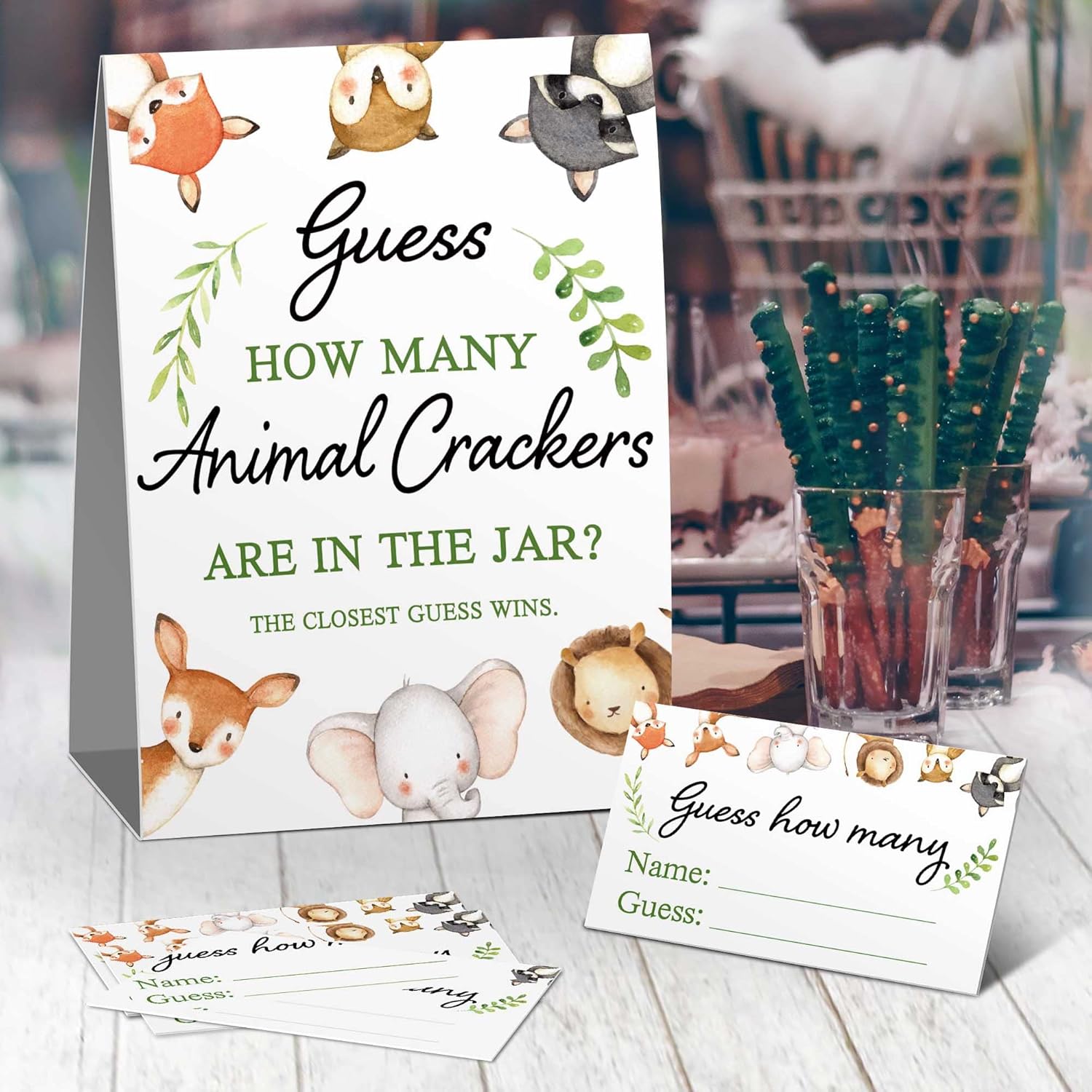 Guess How Many Animal Crackers Are In The Jar?Watercolor Woodland Animals Baby Shower Decorations?(1 Sign+50 Cards), How Many Animal Crackers Birthday, Christmas, Funny Party Game