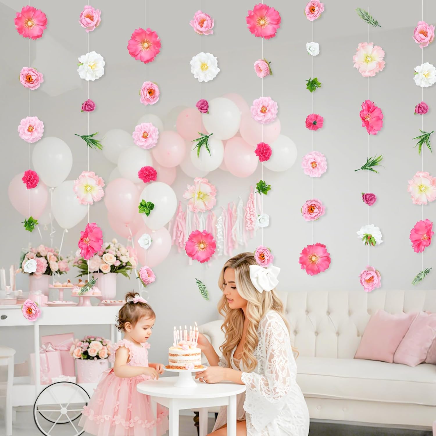 8 Pcs Artificial Flowers Hanging Decorations,Pink Hanging Flowers Garland With Hooks Spring Party Decorations For Wedding Party Background Birthday Baby Shower Home Birthday Decorations