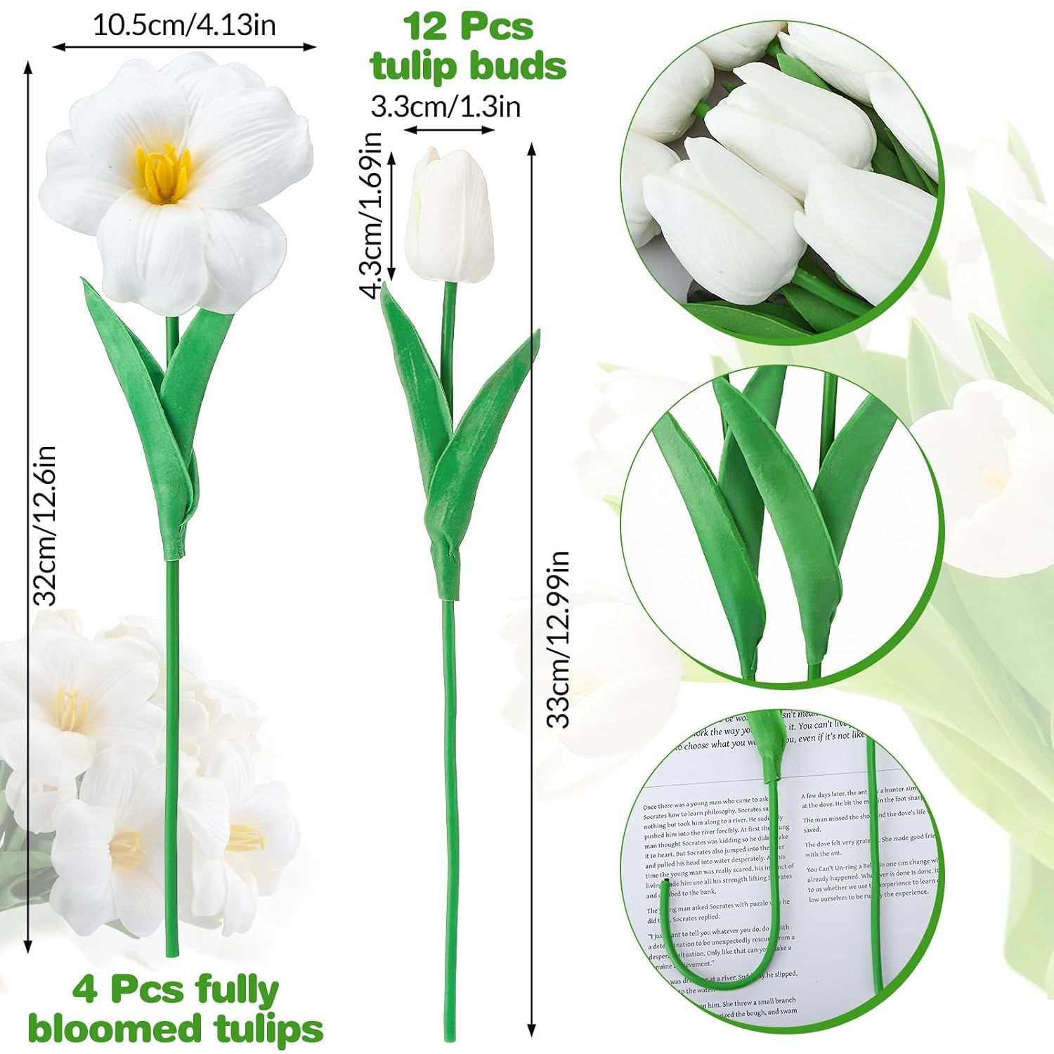 16 Pcs Artificial Tulips Flowers White Pu Realistic Faux Tulip Stems 12 Buds & 4 Full Blooms Fake Flowers For Home Table Wedding Spring Easter Decor