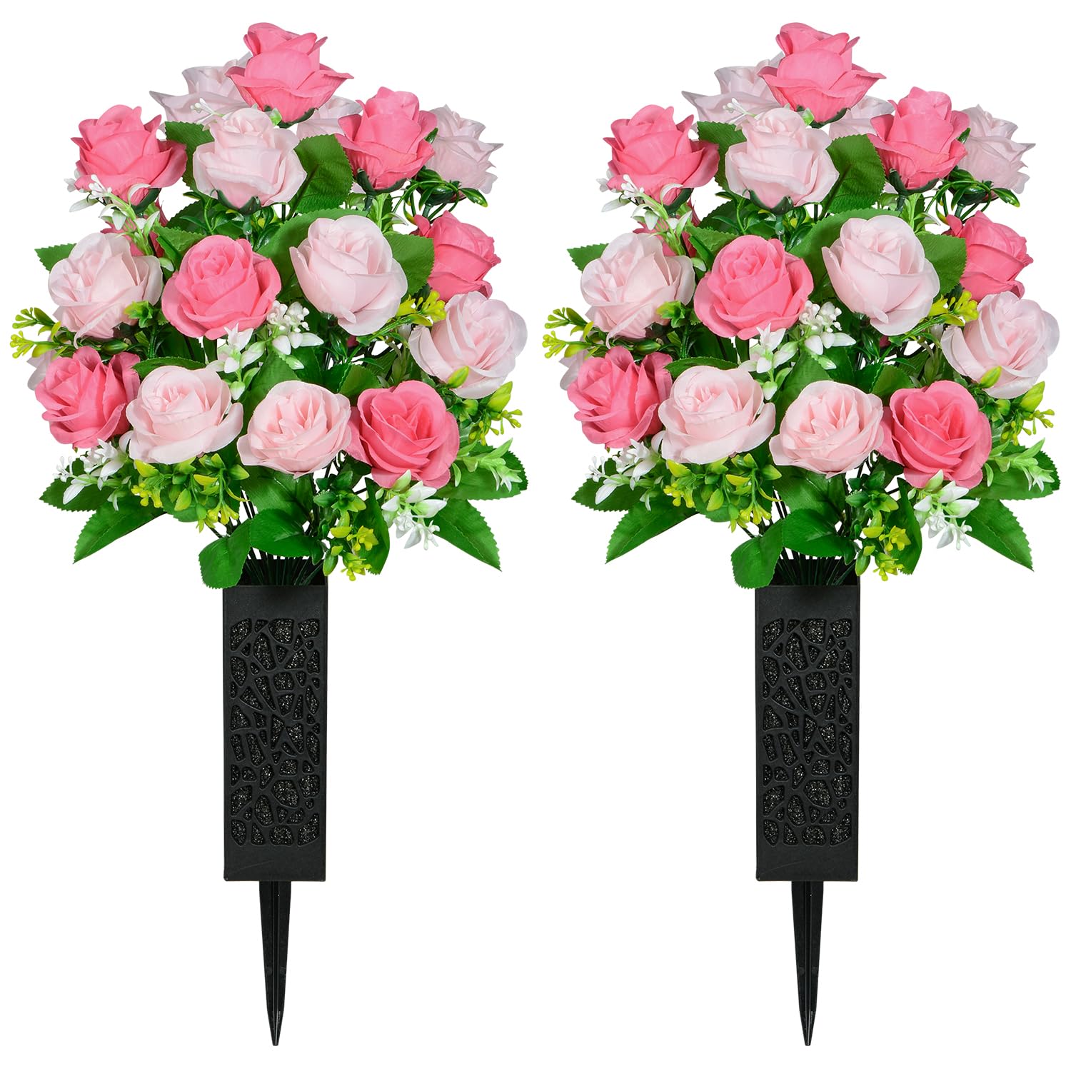 Artificial Cemetery Flowers, Set Of 2 Grave Memorial Flowers With Vase, Artificial Rose Bouquet For Cemetery Headstones Gravesites Decoration (Pink)