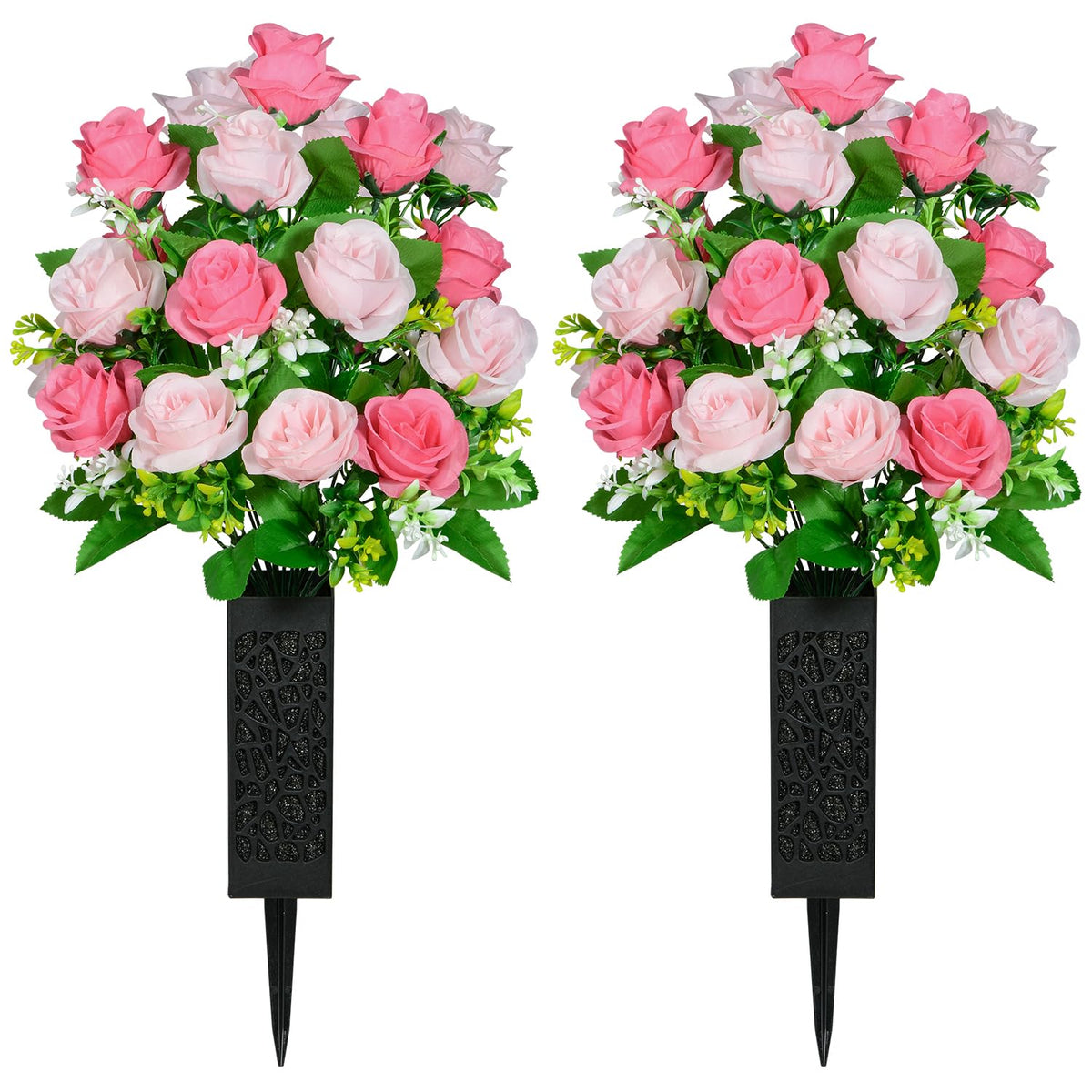 Artificial Cemetery Flowers, Set Of 2 Grave Memorial Flowers With Vase, Artificial Rose Bouquet For Cemetery Headstones Gravesites Decoration (Pink)