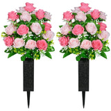 Artificial Cemetery Flowers, Set Of 2 Grave Memorial Flowers With Vase, Artificial Rose Bouquet For Cemetery Headstones Gravesites Decoration (Pink)