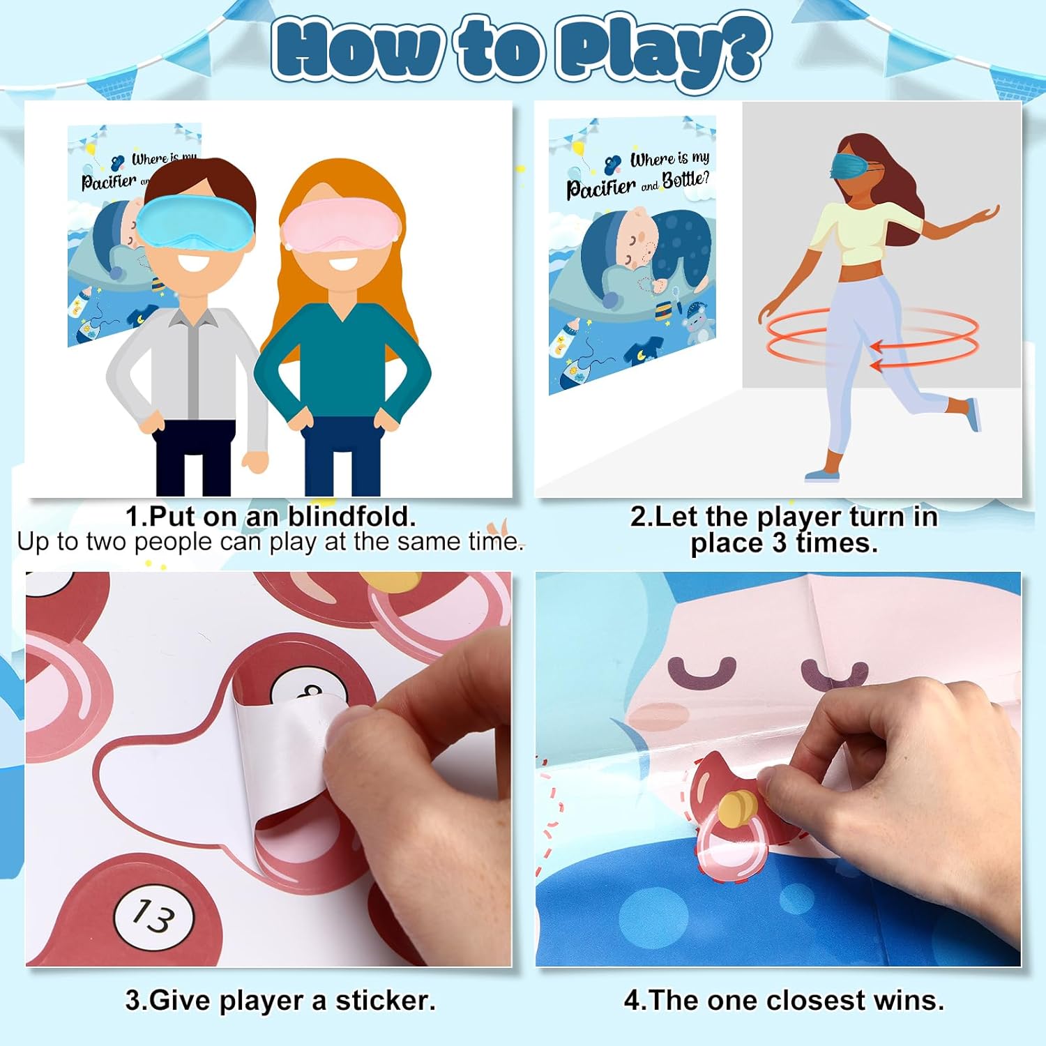 Pin The Pacifier On Baby Game Baby Shower Games Pin The Bottles With 45 Pcs Pacifier Bottle Sticker Blindfold Glue Point Birthday Party Favors Supplies