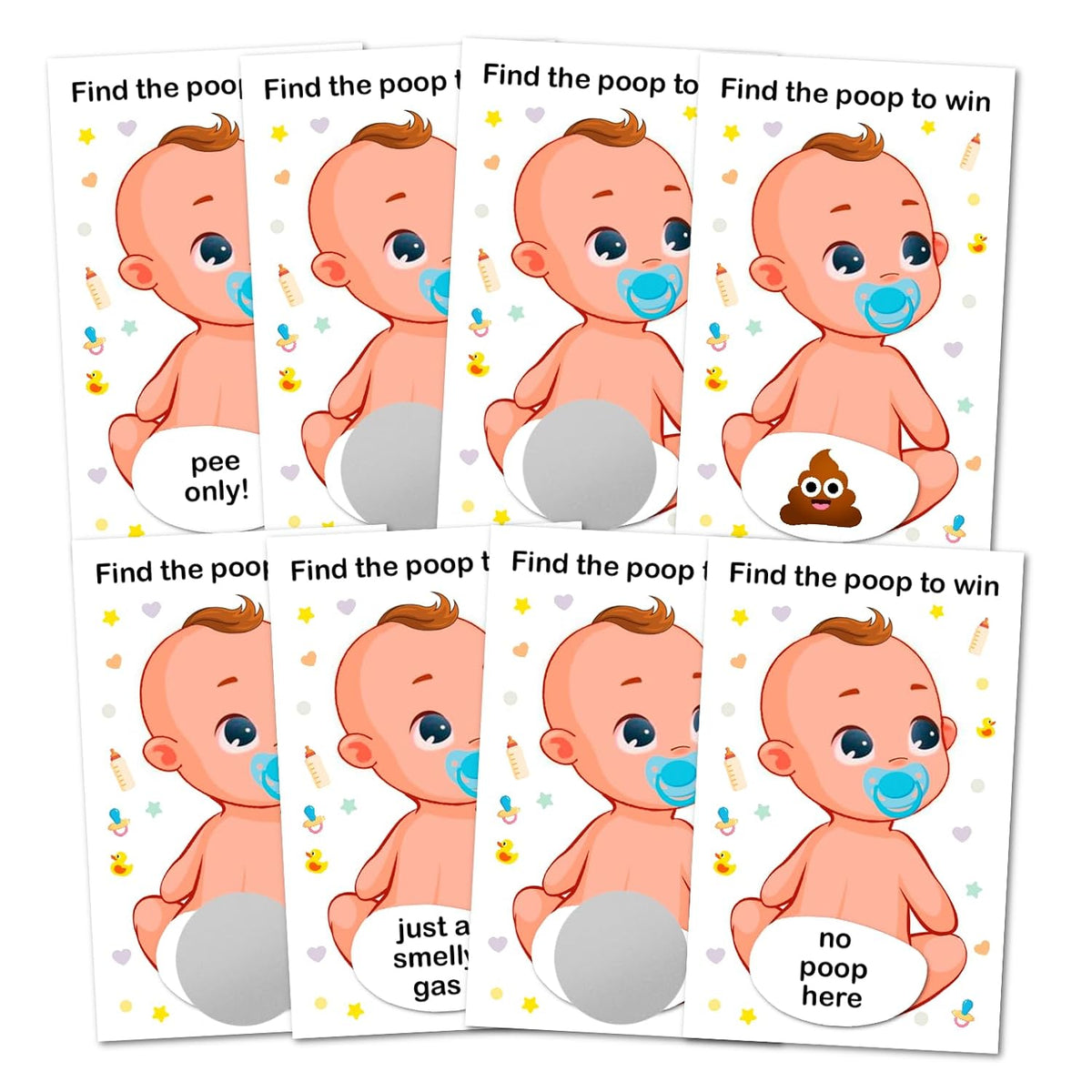 Baby Shower Boy Scratch Off Poop Game, Easy To Play Silly Games, Funny Idea, Ice Breaker Activity. Raffle Cards, Blue Pacifier, Set Of 40 Cards Made In Usa