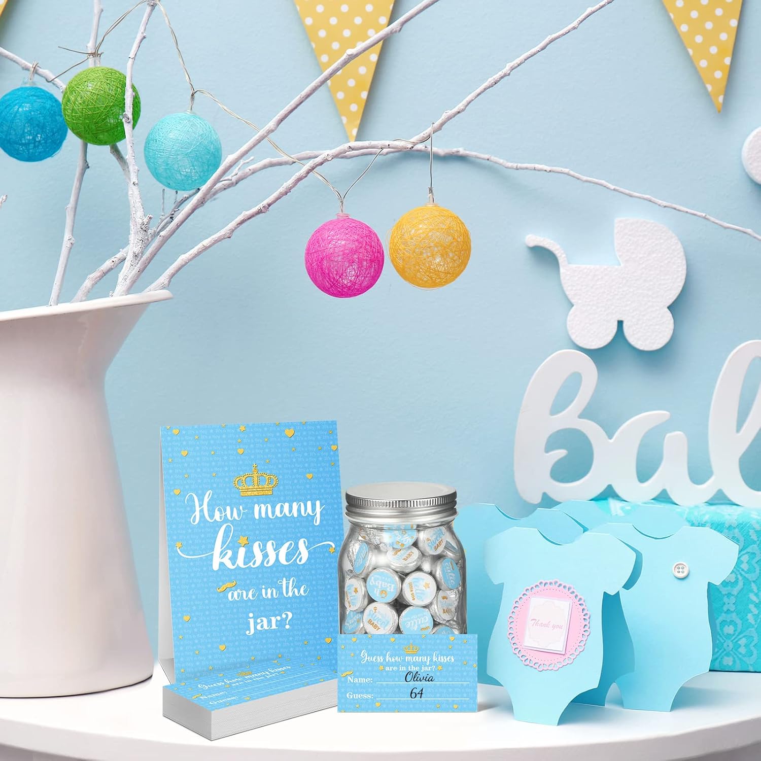 555 Pcs How Many Kisses Game Card Kit How Many Kisses Baby Shower Games Standing Sign Guessing Cards Baby Shower Stickers For Kid Sprinkle Birthday Party, No Candy And Jar(Blue Boy Style)