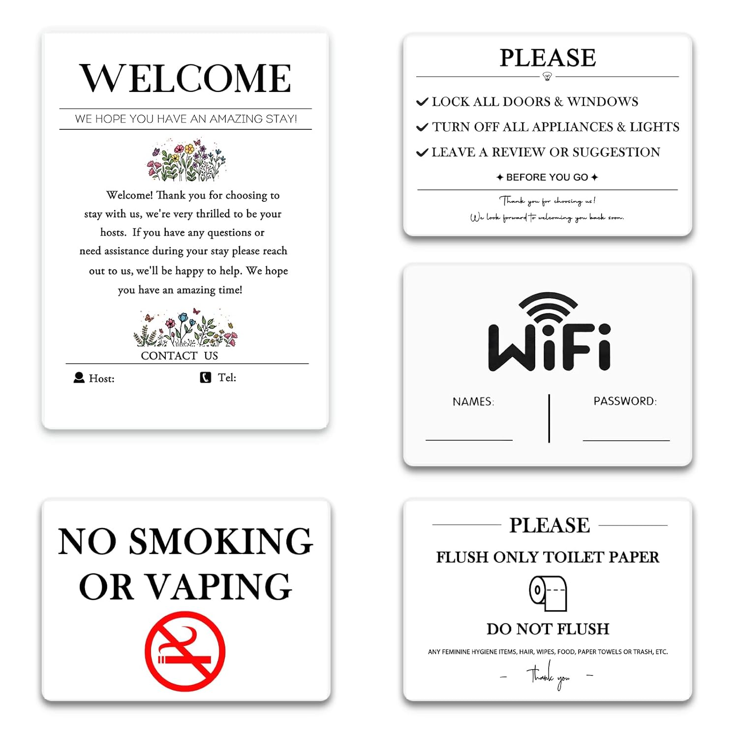 5 Acrylic Air Bnb Sign Bundle, Magnetic Welcome Signs | Wifi Password Fridge Magnet, House Rules – Do Not Flush For Bathroom Toilet Guests | No Smoking Signage | Str Host | Rental Home | Vrbo Signs