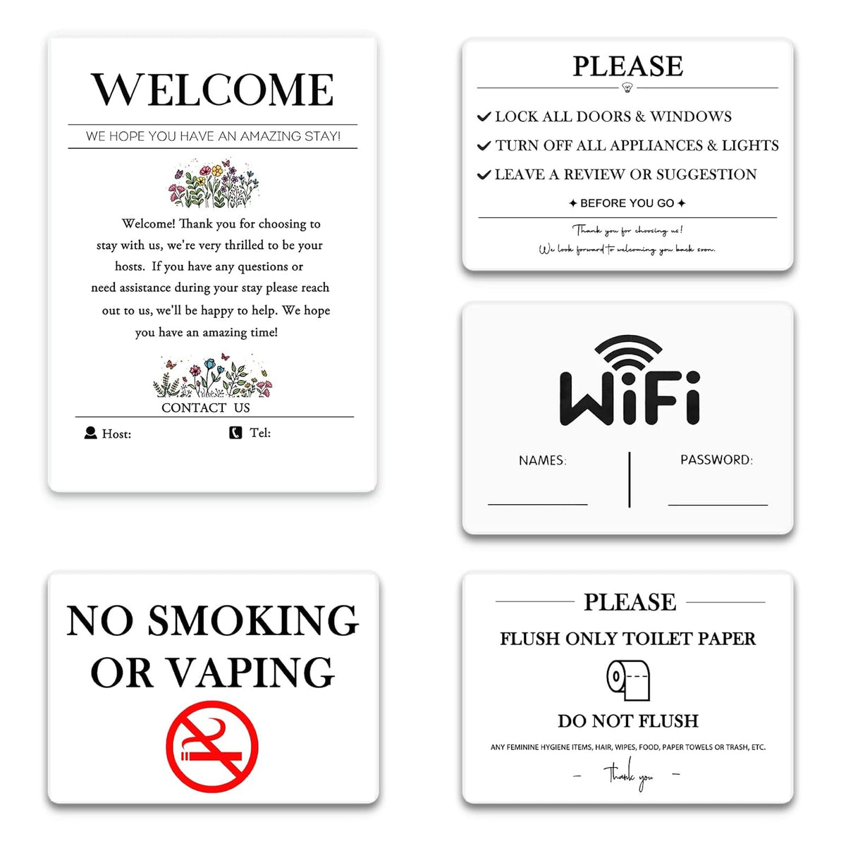5 Acrylic Air Bnb Sign Bundle, Magnetic Welcome Signs | Wifi Password Fridge Magnet, House Rules – Do Not Flush For Bathroom Toilet Guests | No Smoking Signage | Str Host | Rental Home | Vrbo Signs