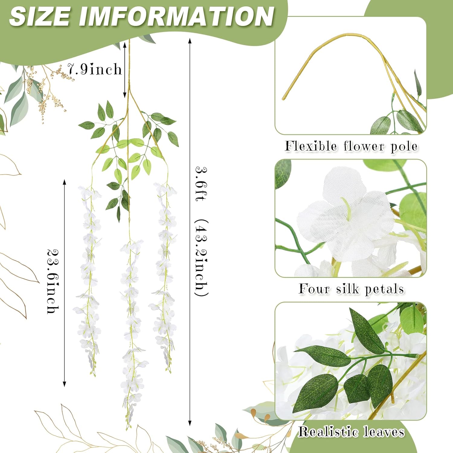 108 Pack 43.2 In/ 3.6 Ft Artificial Fake Wisteria Hanging Flowers Wisteria Faux Flowers Garland Silk Vine Rattan Long Hanging Flowers String For Home Outdoor Wedding Party(Milky)