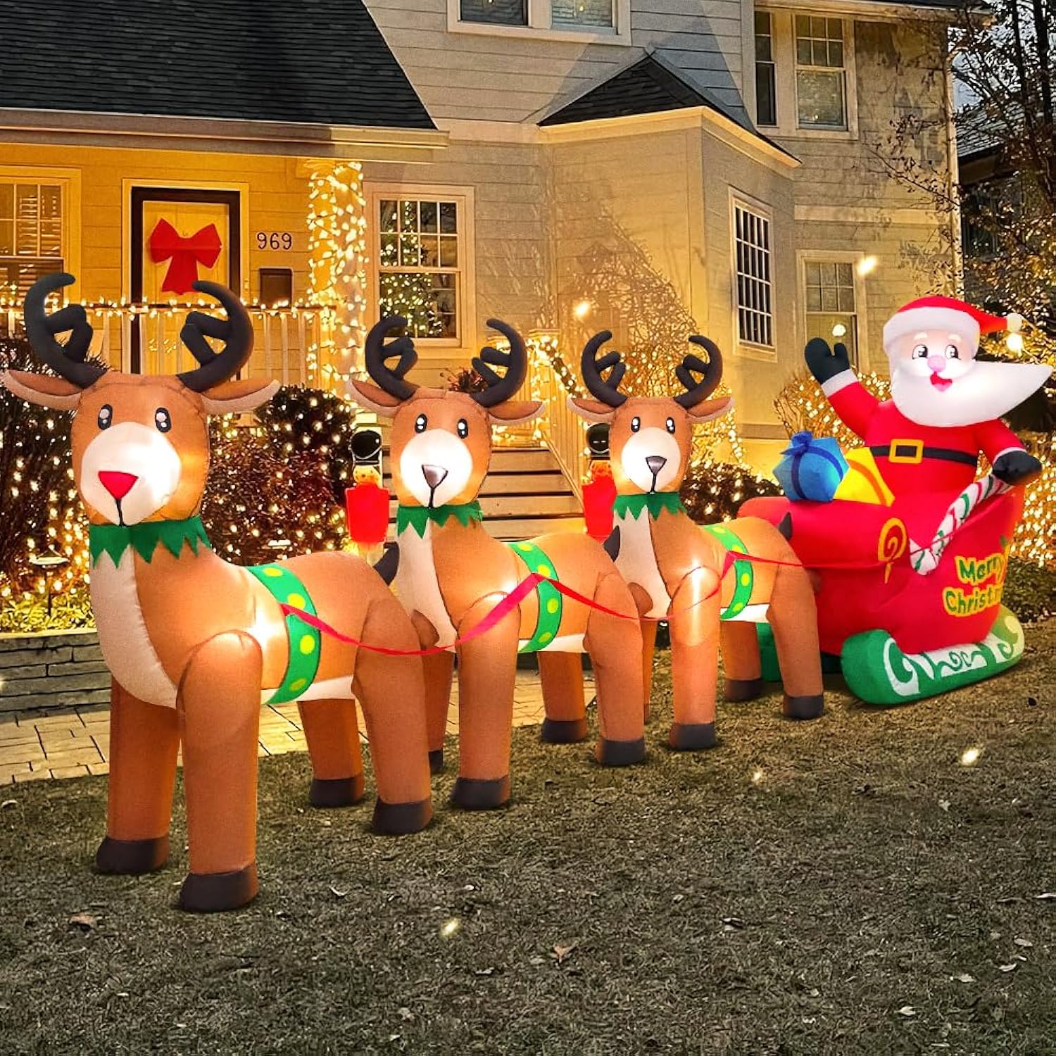 12Ft Christmas Inflatables Santa Claus On Sleigh With Reindeer Deer Merry Christmas Blow Up Yard Décor Led Light For Xma