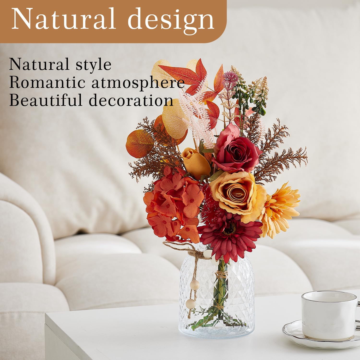 Fake Flowers With Vase, Faux Flowers In Vase, Orange Silk Gerbera Artificial Flowers Bulk Arrangements For Home Decor For Living Room Bathroom Office Table Centerpiece Shelf Decorations