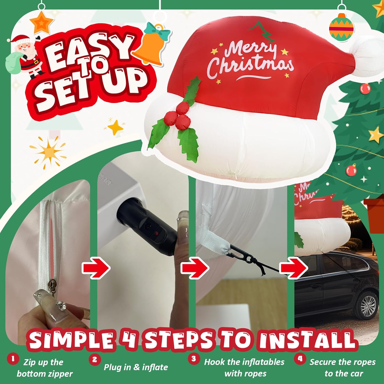 6Ft Inflatable Outdoor Decoration, Santa Hat Christmas Blow Up With Led Lights For Car Roof Xmas