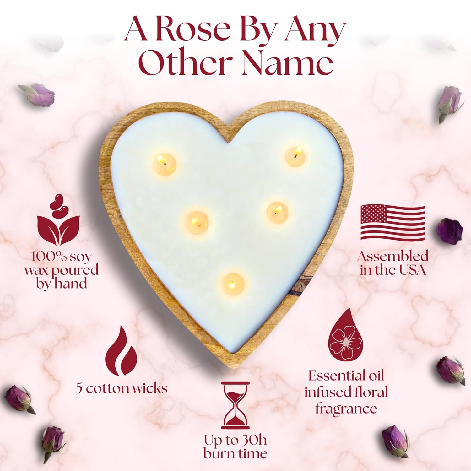 Dough Bowl Candle Co. Rose Candle - 10X10X2 Large Heart Shaped Scented Soy Candles For Women, Valentines Day Decor Gifts For Home, 5 Wick White Decorative Natural Aromatherapy, 30 Hour Burn Time