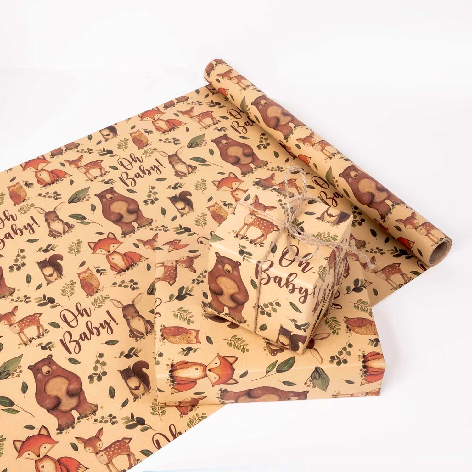 Baby Shower Kraft Wrapping Paper Roll For Kids Boys Girls - Cute Woodland Animals & "Oh Baby" Baby Gift Wrap For Birthday, Holiday, Baby Shower, Summer Party Favor - 17 In X 20 Ft(Total 28.5Sq.Ft)