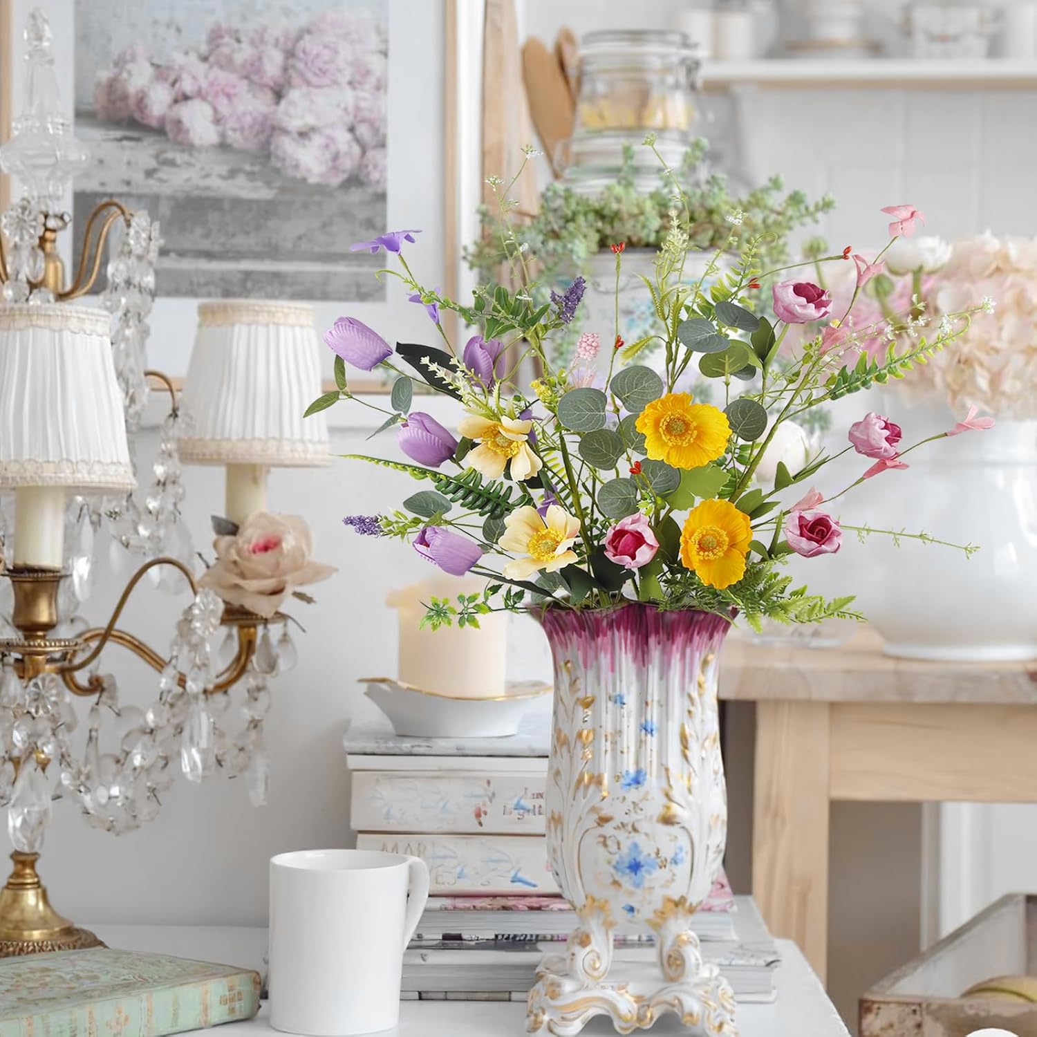 4 Pcs Wildflowers Artificial Flowers Daisies Roses And Poppies Faux Wildflowers Summer Flowers Artificial For Decoration Spring Silk Floral Arrangement Wedding Party Table Centerpieces Home