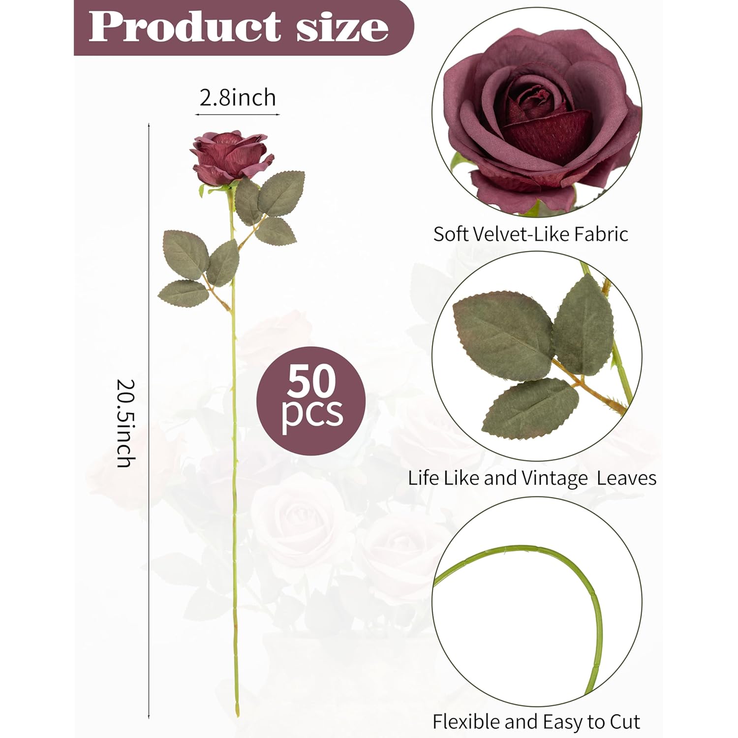 50Pcs Artificial Flowers Silk Roses Realistic Fake Flowers For Wedding Decorations,Table Centerpieces,Bridal Bouquets, Diy Floral Arrangements, Party & Home Decor(Burgundy)
