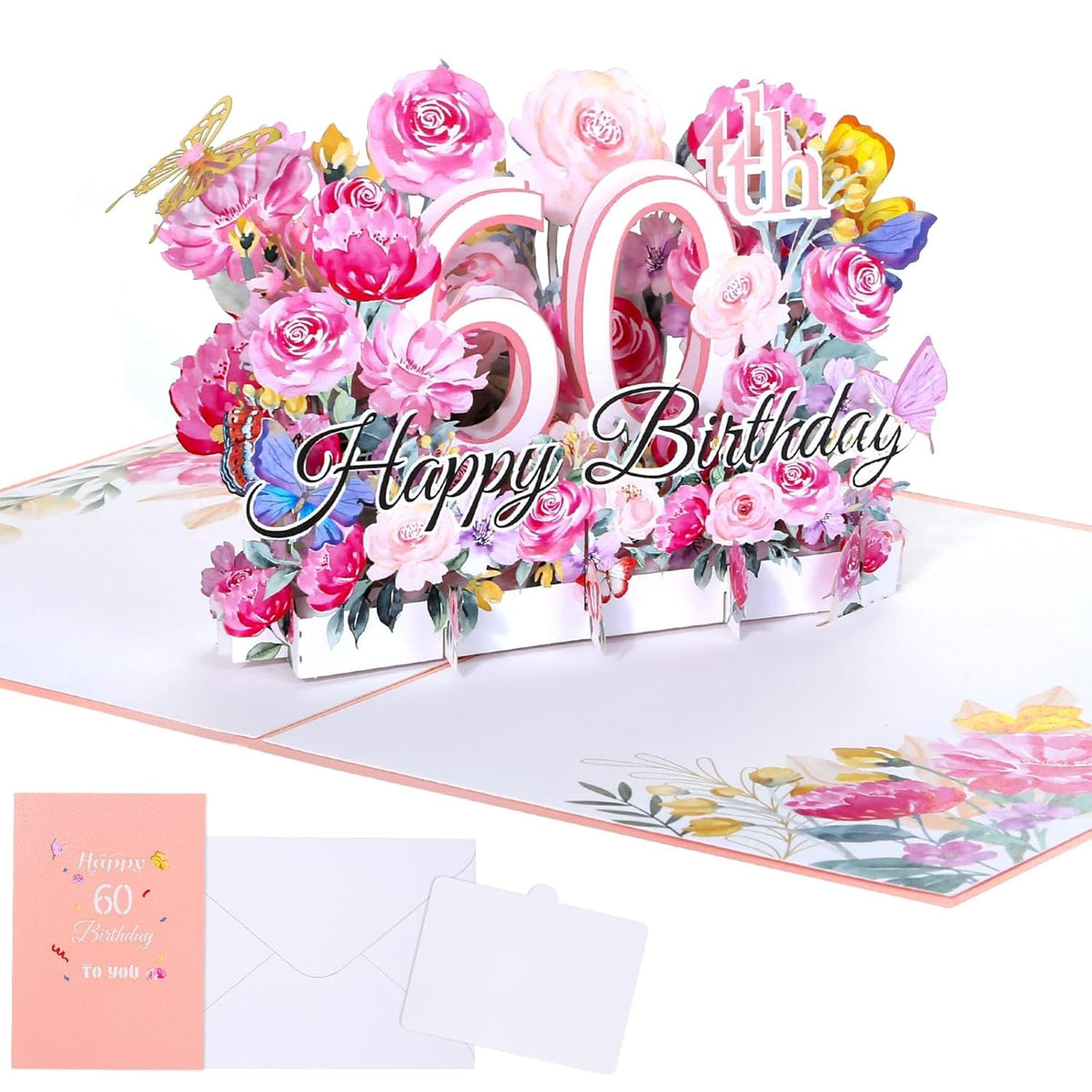 60Th Birthday Pop Up Card For Her, Happy 60Th Birthday Pop Up Greeting Card For Women Beautiful Birthday Card Gift For Grandma, Mom, Wife And Friend With Blank Note And Envelope
