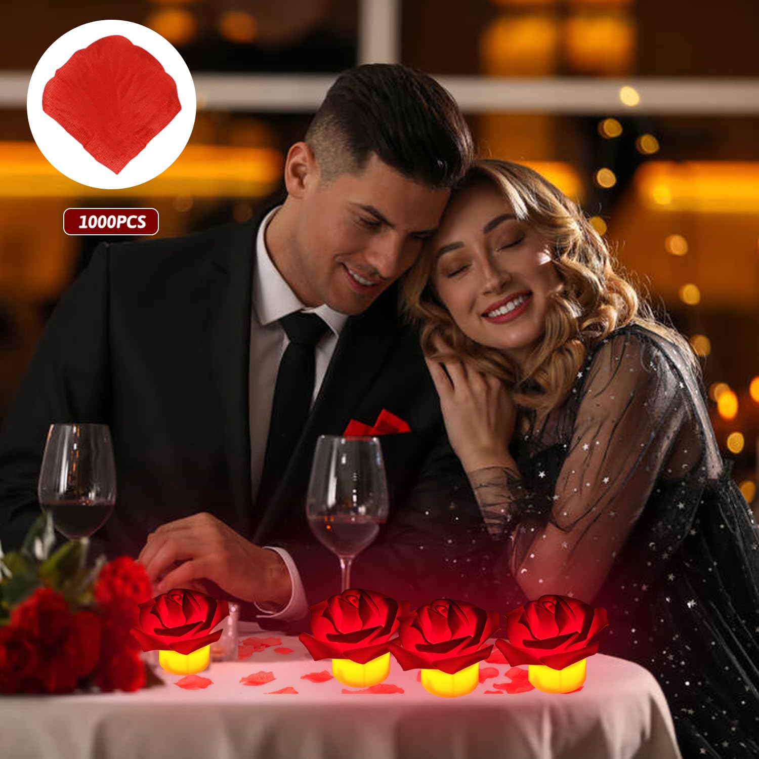 1000Pcs Rose Petals And Candles Set, 12Pcs Heart Battery Tea Lights, Red Led Tealight Candles, Romantic Decorations Special Night