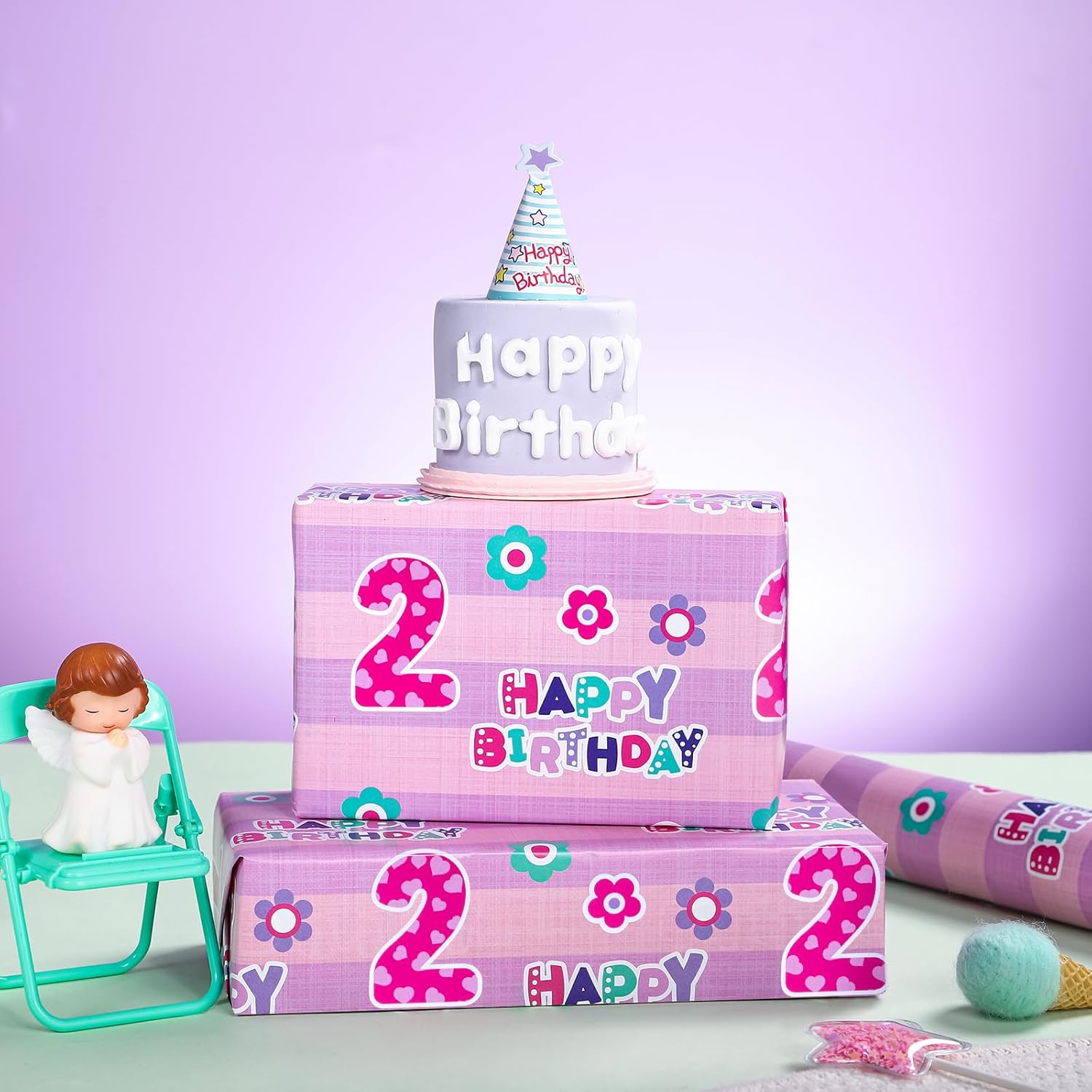 2Nd Birthday Wrapping Paper - Mini Roll - 17 Inch X 33 Feet - Pink Floral And Happy Birthday Wrapping Paper For Girls, Party, Holiday