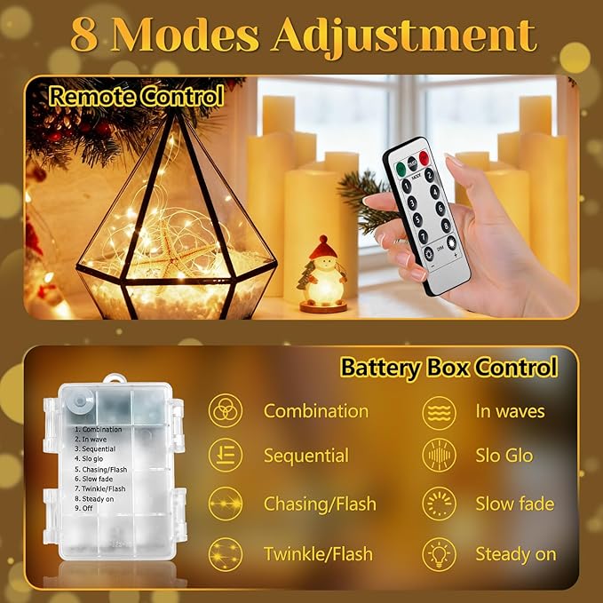 200 LED Battery Operated Fairy Lights 67FT Warm White String Lights with Remote 8 Modes Waterproof for Bedroom Wedding Christmas Decor