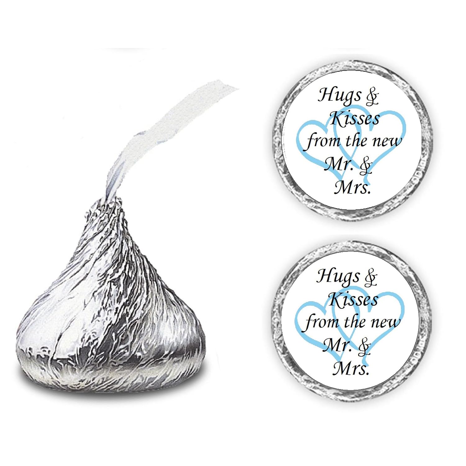 324 Hugs And Kisses From The New Mr. & Mrs. Interlocking Hearts Wedding Stickers, Chocolate Drops Labels For Bridal Shower Engagement Party Decorations, Favors Decor For Kiss. Made In Usa (Light Blue)