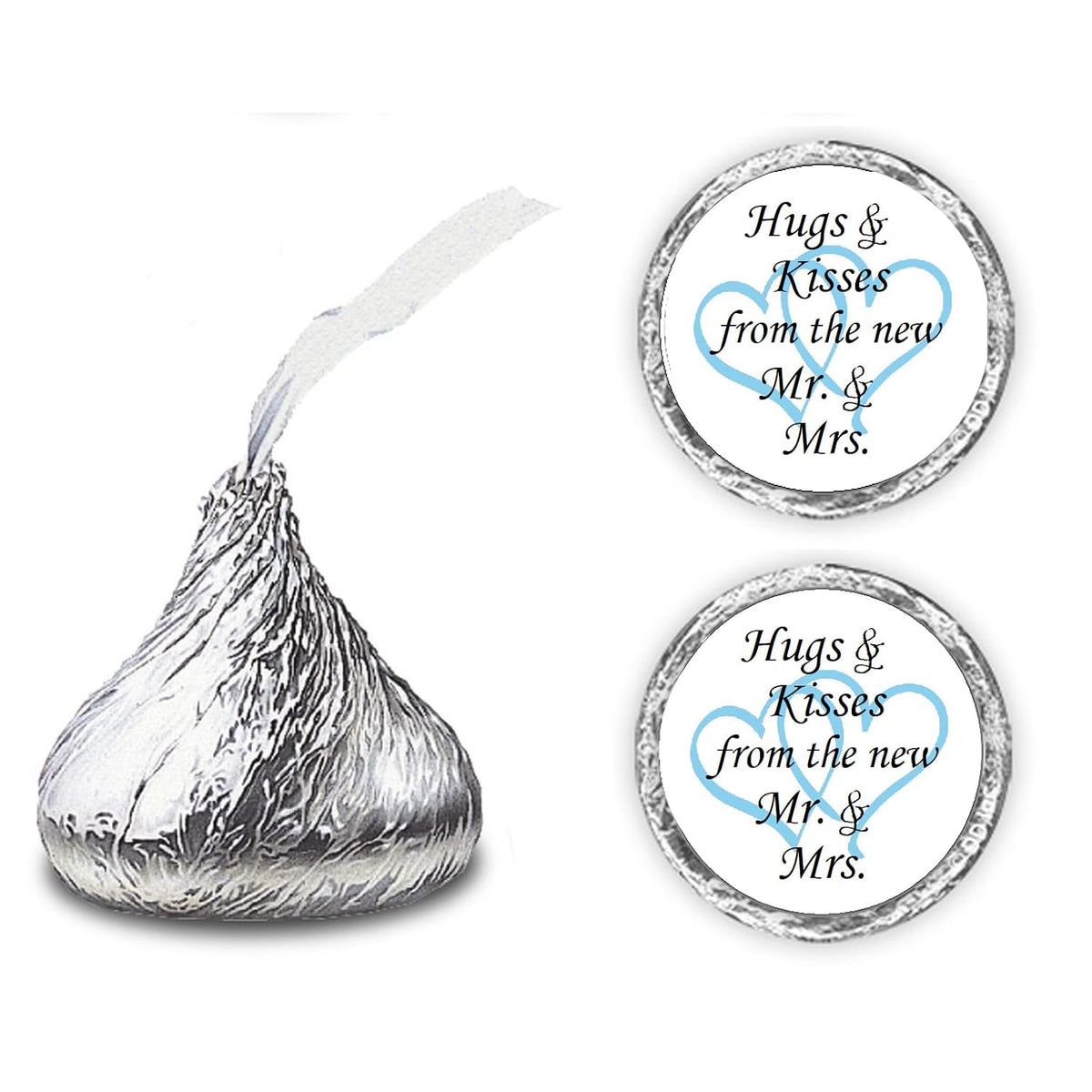 324 Hugs And Kisses From The New Mr. & Mrs. Interlocking Hearts Wedding Stickers, Chocolate Drops Labels For Bridal Shower Engagement Party Decorations, Favors Decor For Kiss. Made In Usa (Light Blue)