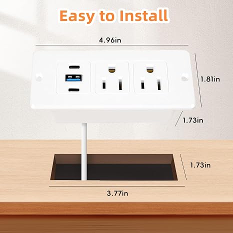 Recessed Furniture Power Strip 2 Outlets 2 USB C 1 USB A 20W 6FT White