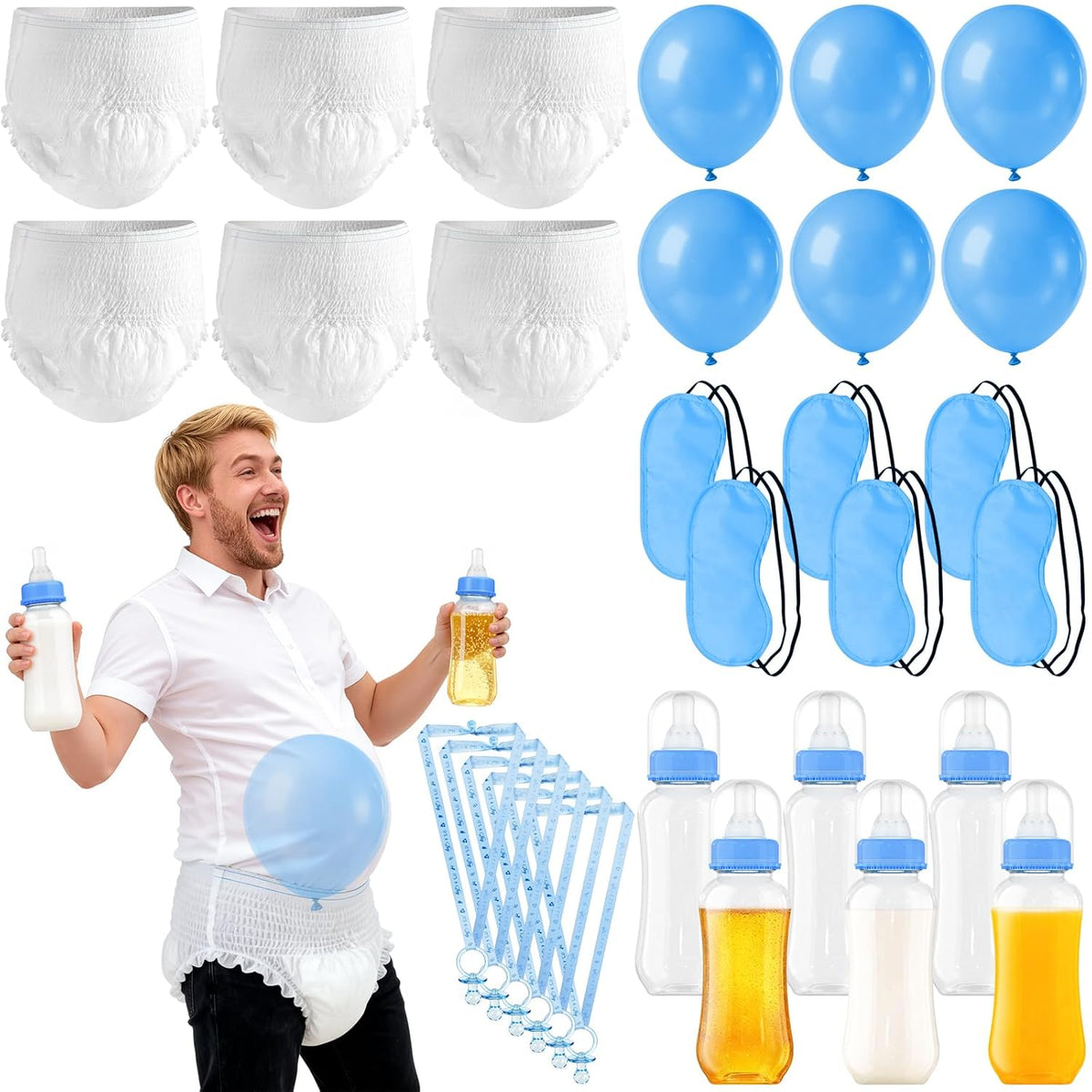 6 Sets Baby Bottles For Baby Shower Game, Bottle Chug Baby Shower Games Plastic Baby Bottle For Feeding Blindfold Party Game Set Funny Diaper Change Eye Mask Award Race Game