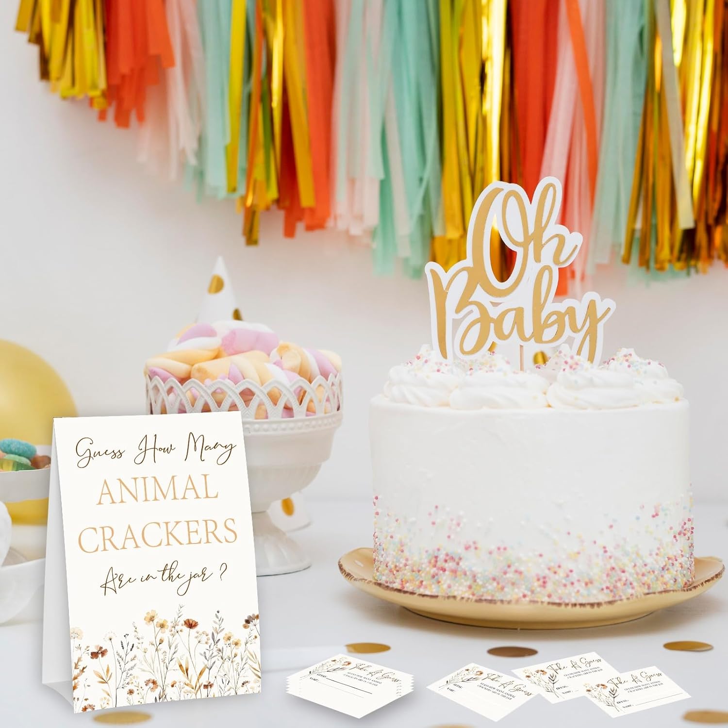 Wildflower Guess How Many Animal Crackers - Thanksgiving Baby Shower Card Set (1 Sign With 50 Guess Cards), Fall Floral Gender Reveal Party Favor Supplies -A17