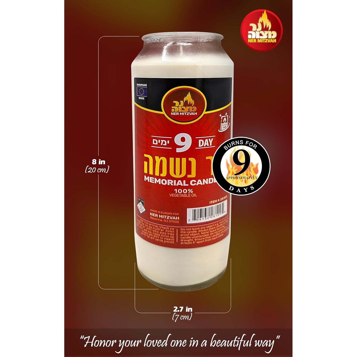Ner Mitzvah 9 Day Yahrzeit Candle - 1 Pack Kosher White Yahrzeit Memorial Candles - Yom Kippur and Holiday Candle in Glass Jar - 100% Vegetable Oil Wax Prayer Candle