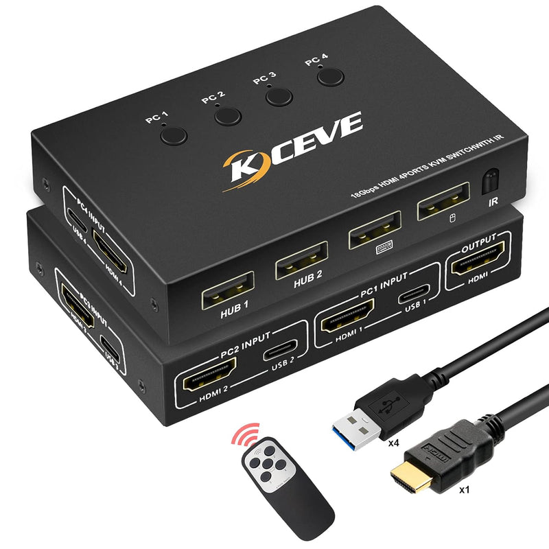 Kvm Switch Hdmi 4 Port Box 4K@60Hz, Usb And Hdmi Switch For 4 Computers Share