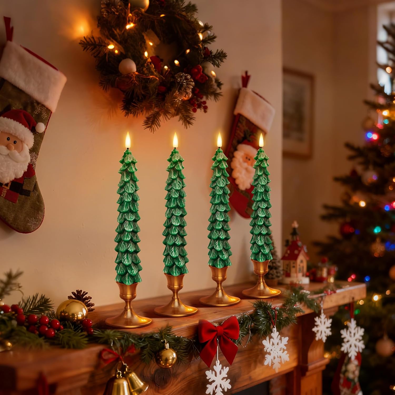 4 Pack Flameless Christmas Tree Candles With Remote, 9.8” Led Battery Operated Taper Candles, Green 3D Flickering Candlesticks For Holiday Home Decoration (Green)