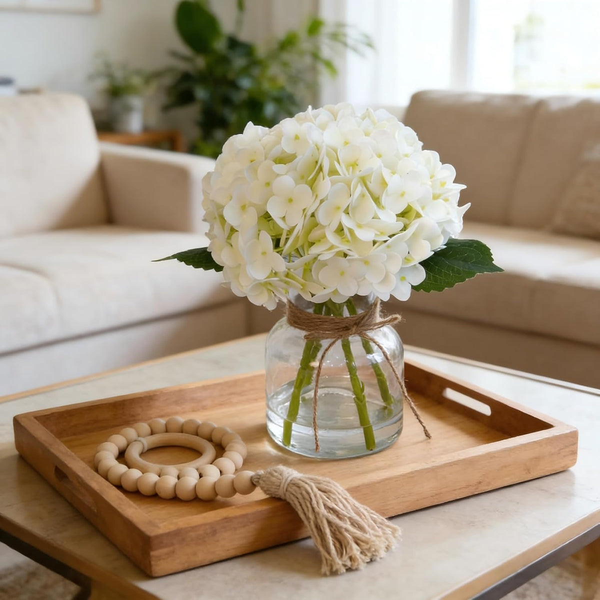 Real Touch Hydrangea Artificial Flowers In Vase With Wood Bead String, Lifelike Faux Hydrangea Flowers For Home Decoration, Fake Flowers Centerpiece For Table, Bathroom, Office & Water Bar