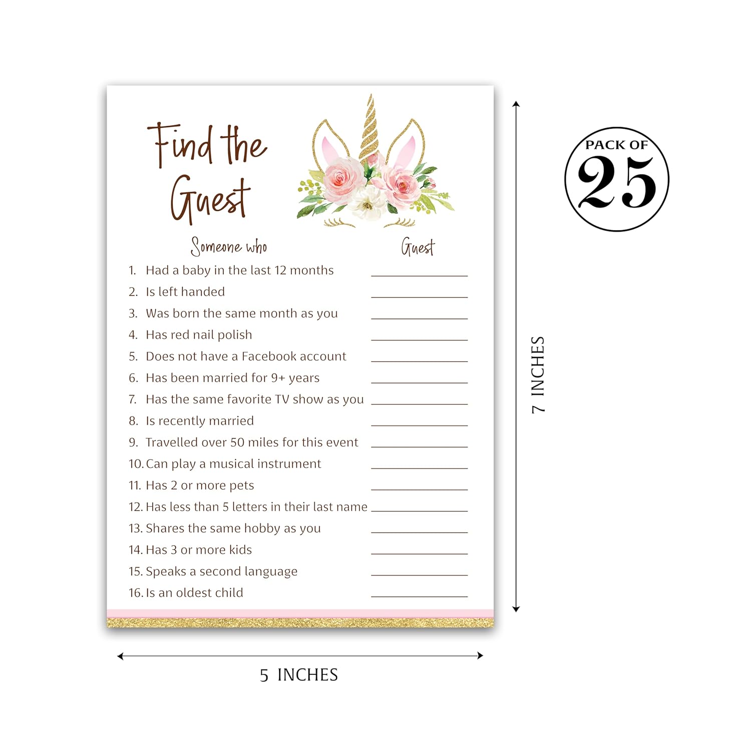 Unicorn Baby Shower — Find The Guest Girl Baby Shower Game — Pack Of 25 — Icebreaker Couples Shower Party Games, Pink Gold Magical Theme, Guess Who Came To The Party Game Birthday Activity G640-Ftg