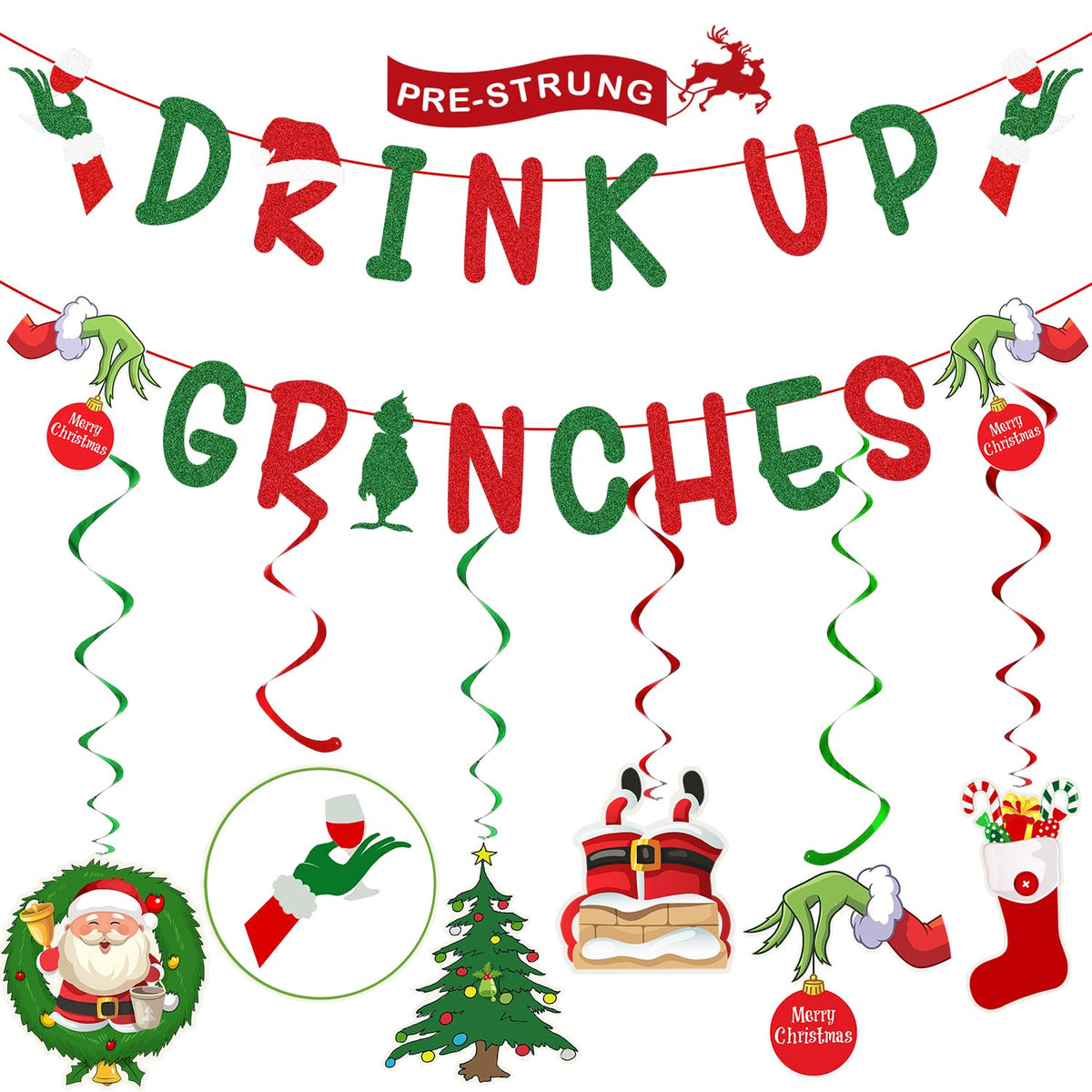 Christmas Decorations – Glittery Drink Up Grinches Banner, Hanging Swirls With Xmas Ornaments For Christmas Party Decor