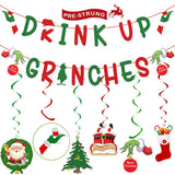 Christmas Decorations – Glittery Drink Up Grinches Banner, Hanging Swirls With Xmas Ornaments For Christmas Party Decor