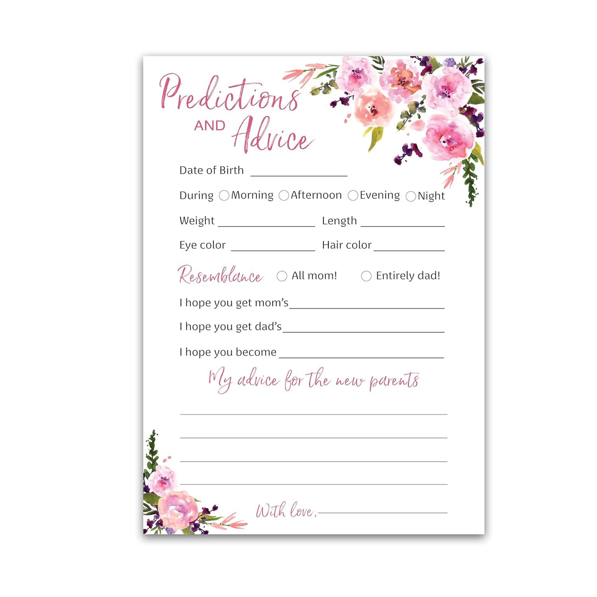 Pink Floral Prediction And Advice Cards For Girls - Pack Of 25 - Pink Girl Baby Shower Games, Wishes For New Parents, Mom & Dad To Be, Mommy And Daddy Message, Game Activity Keepsake Book G140-Pdav