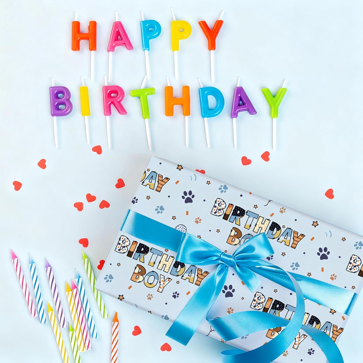 Birthday Boy Wrapping Paper For Boys Kids- Light Blue Gift Wrap With Paw Prints, Stars & Balloons, Birthday Boy For Boy'S Birthday, Baby Shower - 28X40 Inches, 4 Folded Sheets