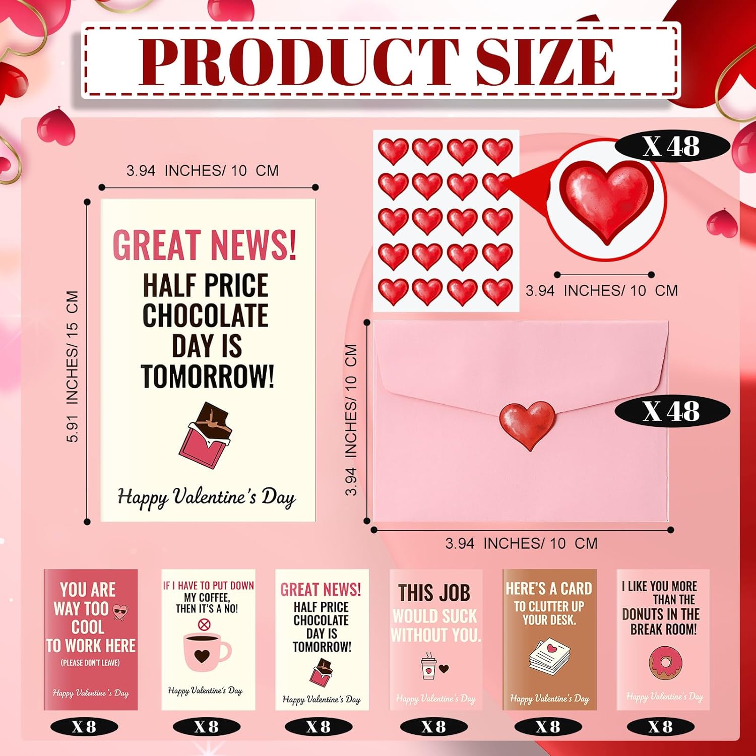 48 Pack Cards With Envelopes And Stickers 6 Elegant Designs For Party Supplies(Pink,Coworker Valentines Day Style)