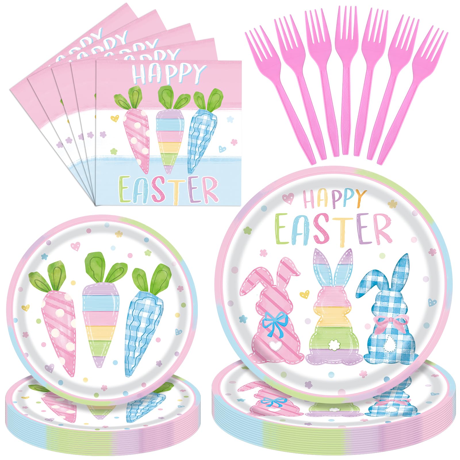 96 Pieces Happy Easter Party Tableware Set – Bunny & Carrot Pastel Design Disposable Plates, Napkins, and Pink Forks for Egg Hunt, Spring Classroom Event, or Holiday Celebration