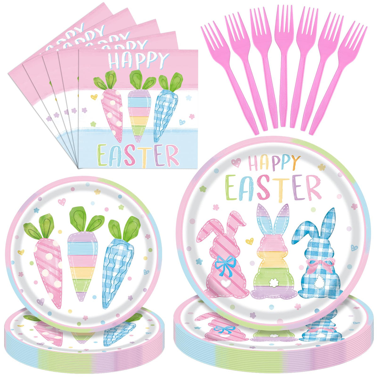 96 Pieces Happy Easter Party Tableware Set – Bunny & Carrot Pastel Design Disposable Plates, Napkins, and Pink Forks for Egg Hunt, Spring Classroom Event, or Holiday Celebration