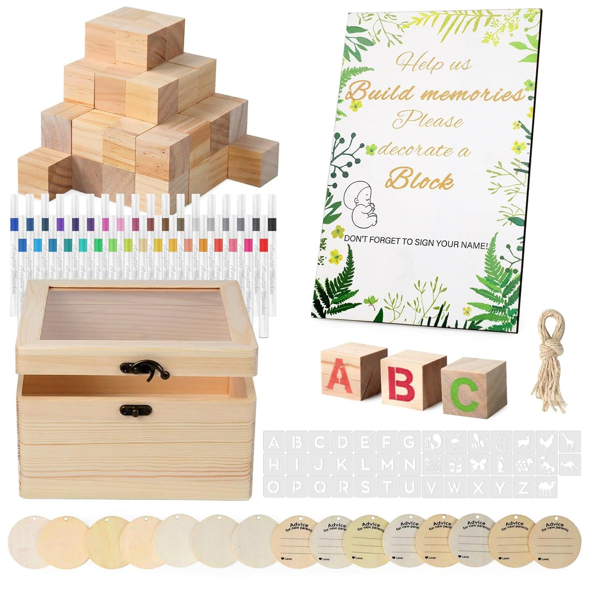 144 Pcs Baby Shower Game Sign Kit, Baby Shower Blocks Games Sets, Includes 50 Diy Blank Wooden Blocks, 41 Stencils, 36 Paint Markers, 15 Advice Cards, 1 Storage Box And 1 Wooden Sign