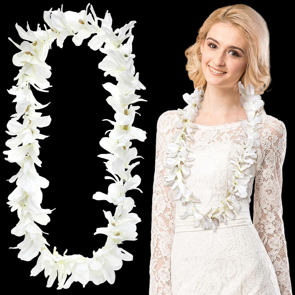 White Orchid Lei Hawaiian Luau Lei Graduation Lei Artificial Orchid Flower Garland Necklace Luau Apparel Accessories For Wedding Graduation Hawaiian Party, 3.28Ft