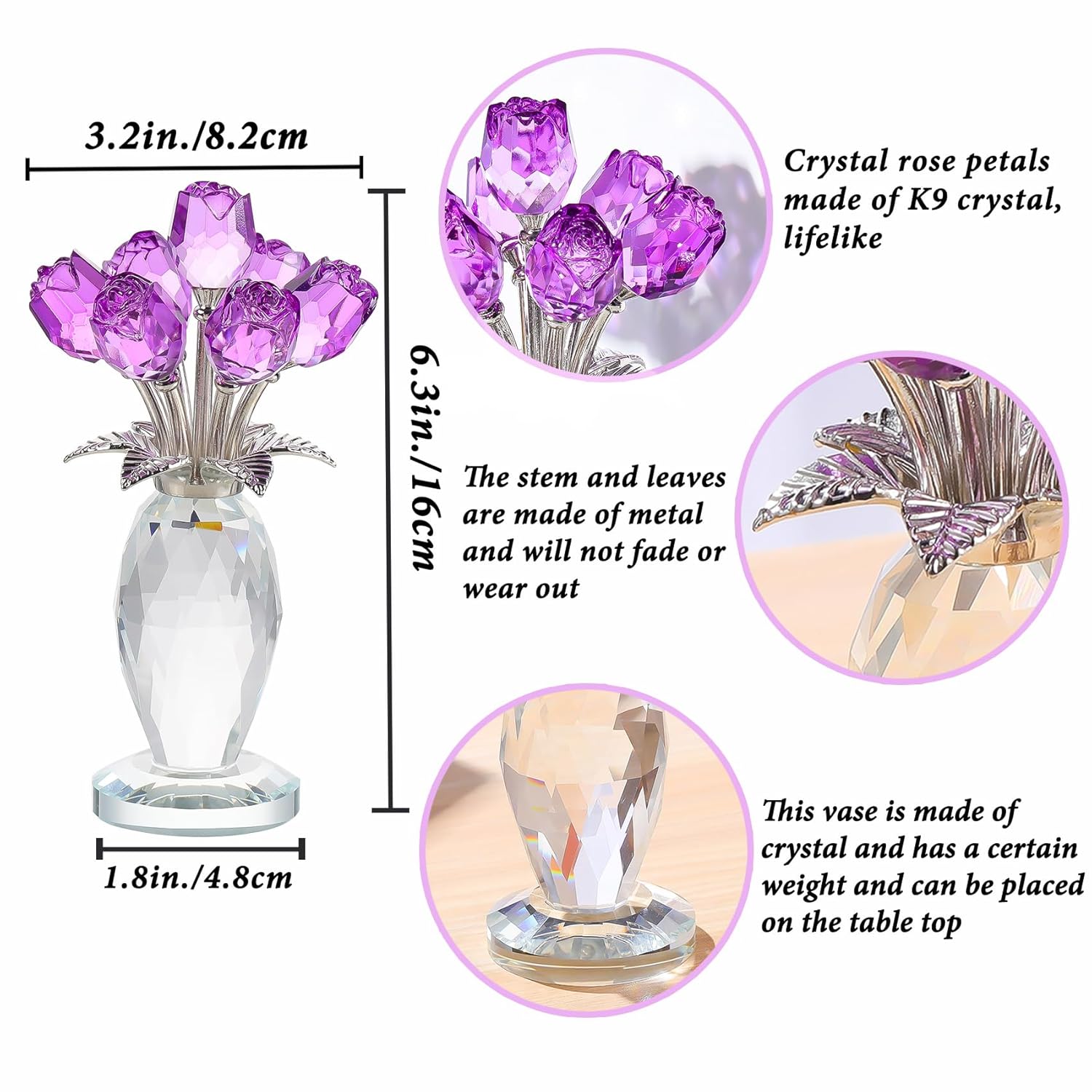 Crystal Purple Rose Flower Bouquet Figurine With Vase, Handmade Glass Rose Flower Gifts For Women On Mother'S Day Anniversary, Crystal Flowers With Stem Home Table Decor For Christmas