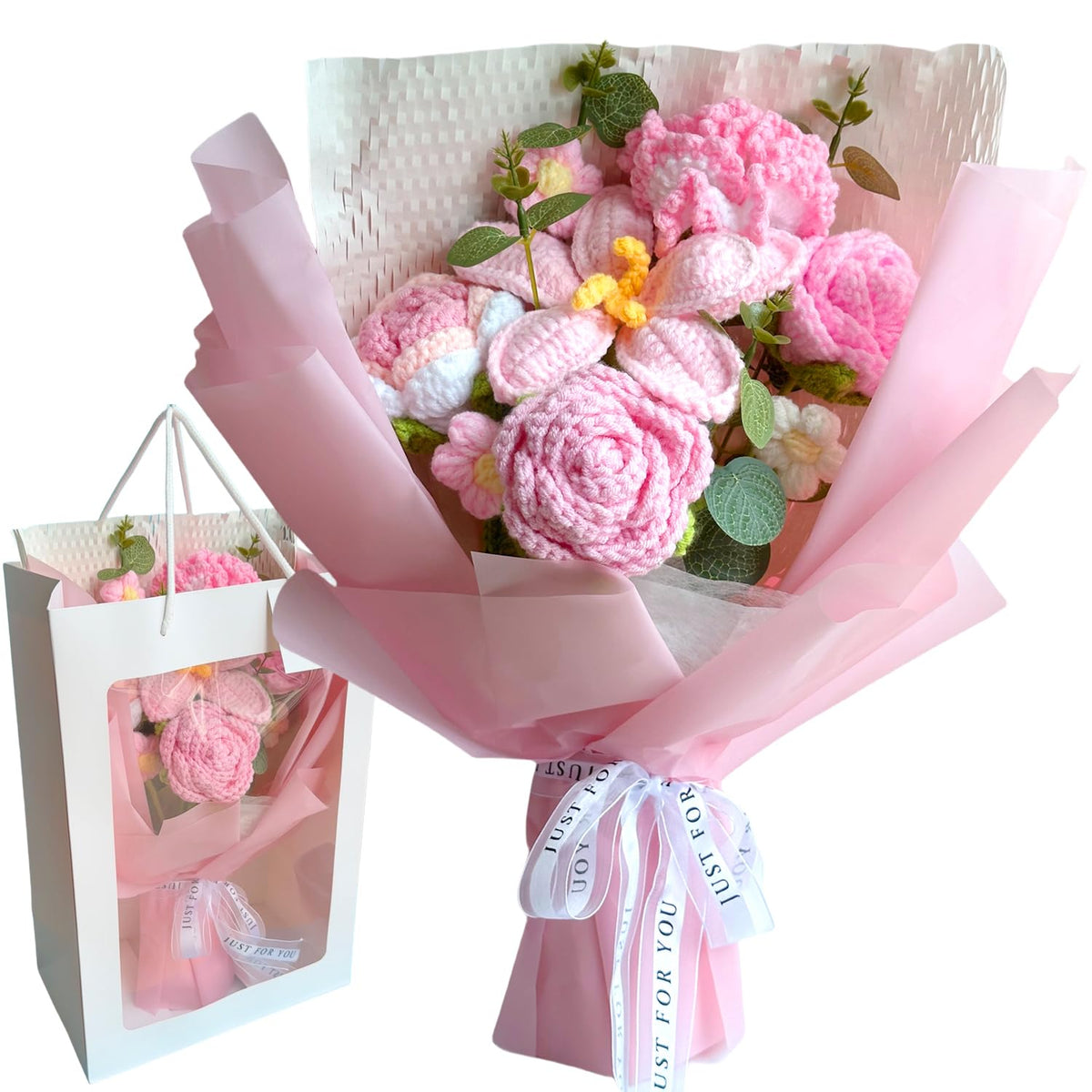 Finished Crochet Flower Bouquet 8Pcs Handmade Knitted Flowers Wrapped Artificial Flowers Bouquets For Mother'S Day Valentine'S Day Birthday Anniversary Graduation Gifts (Pink)