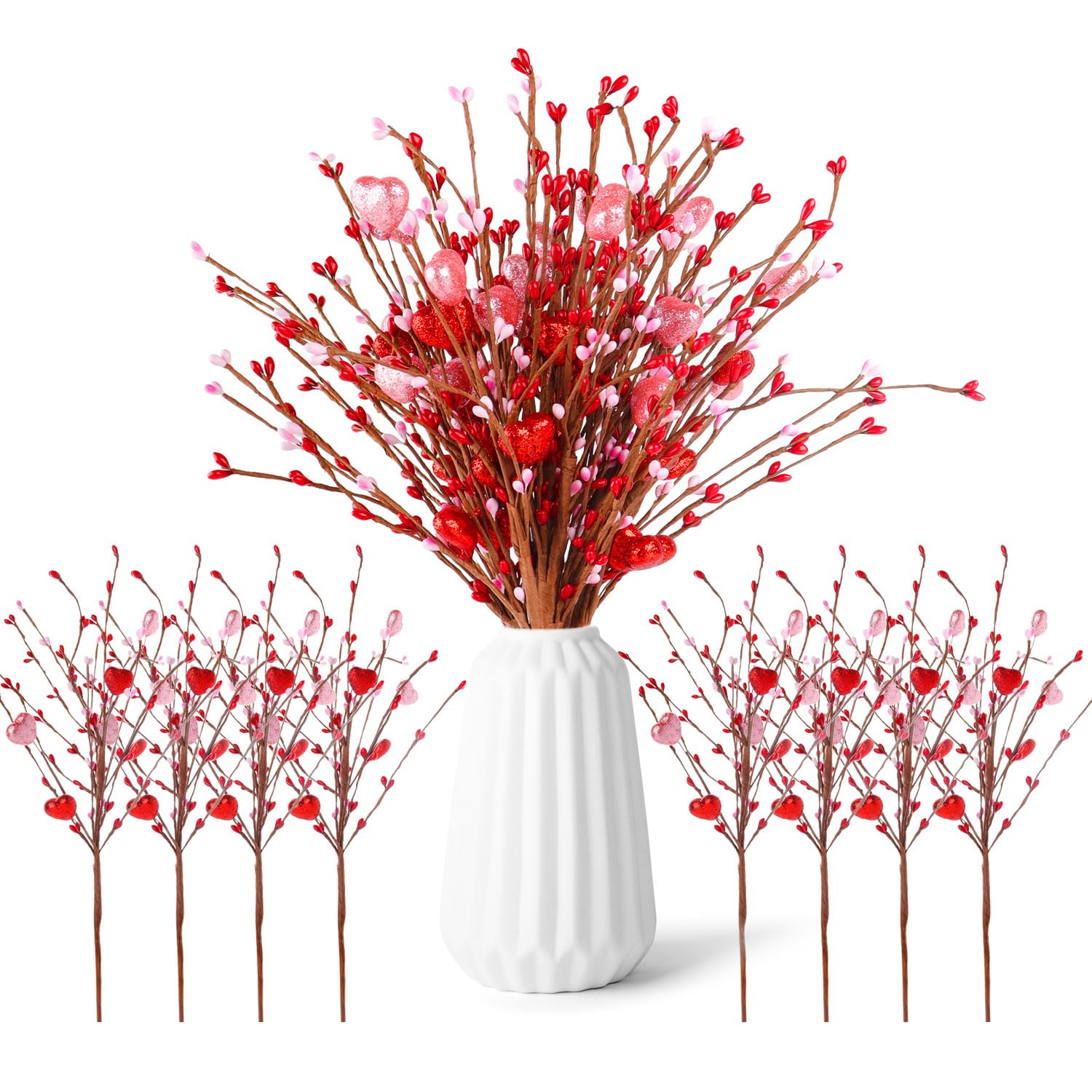 8Pcs Valentines Day Decorations Flowers Artificial Berry Floral,Red Pink White Valentine Heart Shaped Branches Gifts For Home,Valentines Party Decor,Wedding,New Year Decor