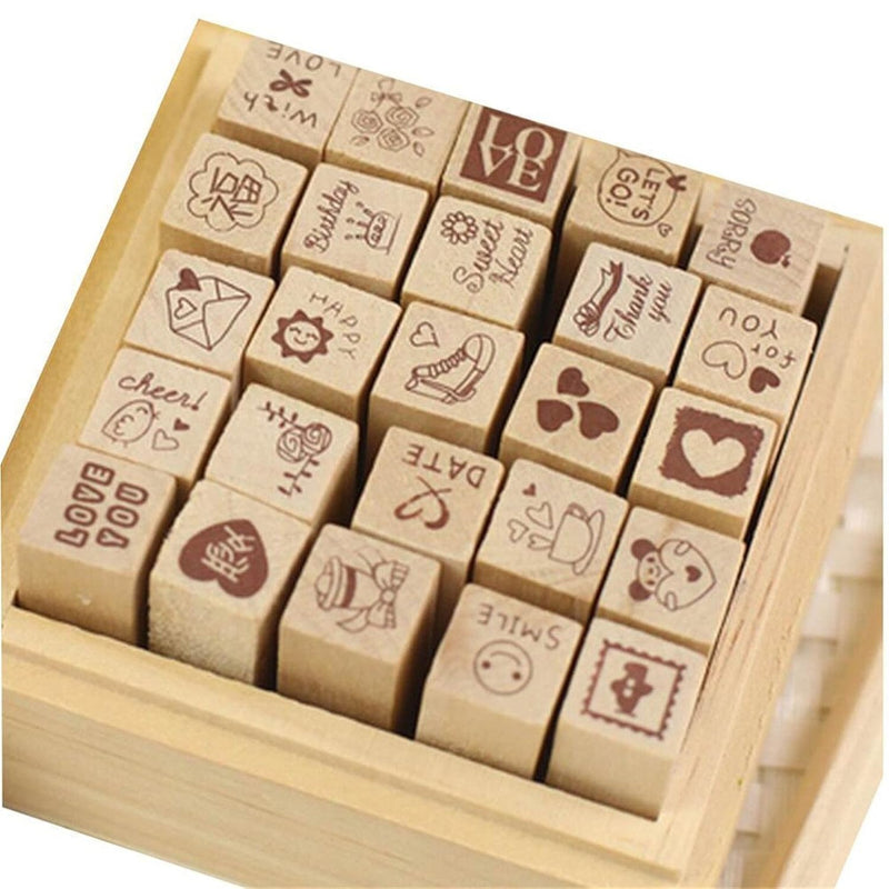 Pack Of 25 Pcs Small Heart Shape Wooden Rubber Stamps With Box For Diy Craft C